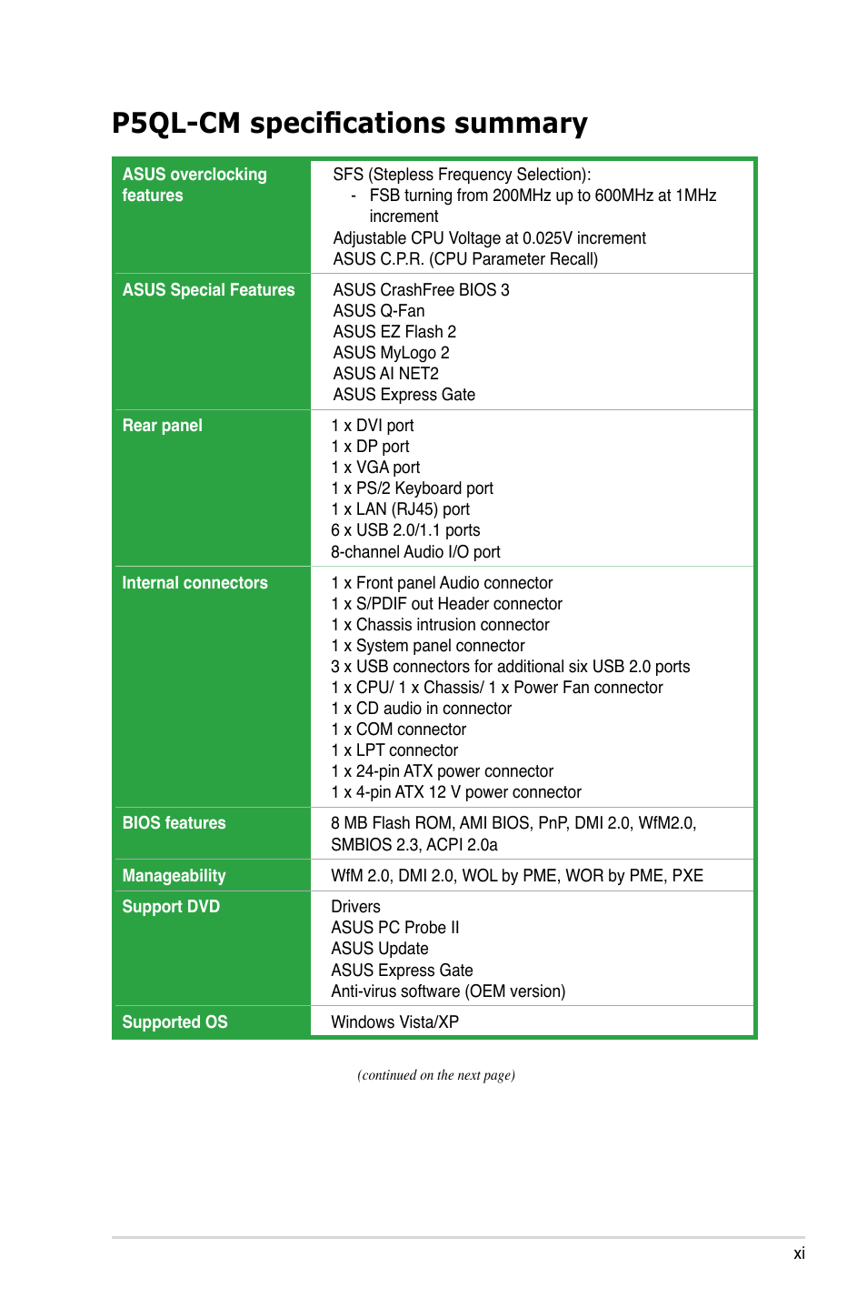 P5ql-cm specifications summary | Asus P5QL-CM User Manual | Page 11 / 114