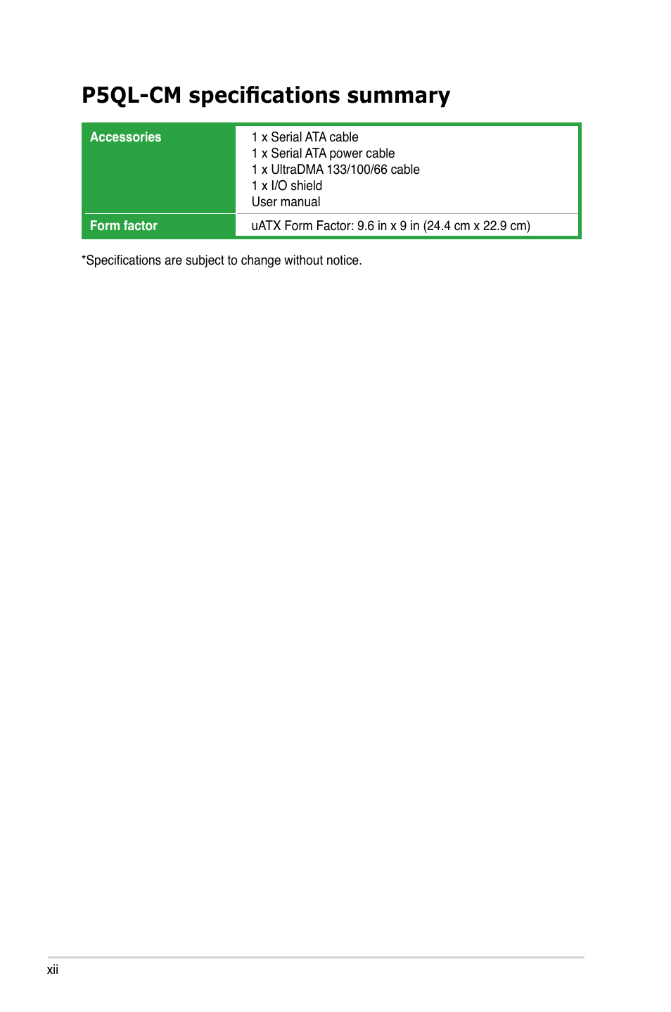 P5ql-cm specifications summary | Asus P5QL-CM User Manual | Page 12 / 114