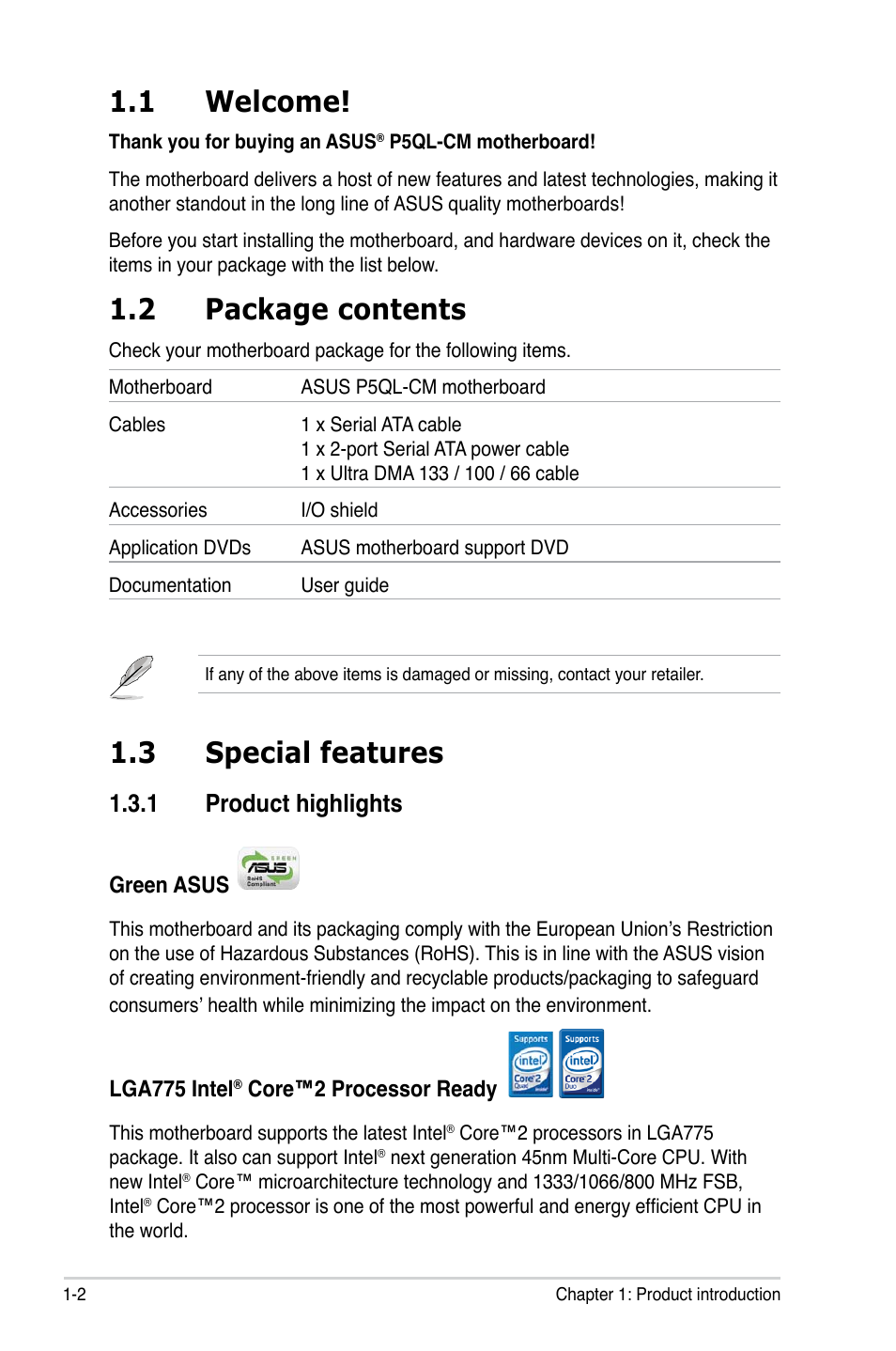 1 welcome, 2 package contents, 3 special features | 1 product highlights | Asus P5QL-CM User Manual | Page 14 / 114
