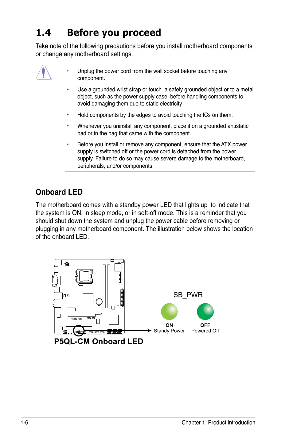 4 before you proceed, Onboard led, P5ql-cm onboard led | Asus P5QL-CM User Manual | Page 18 / 114