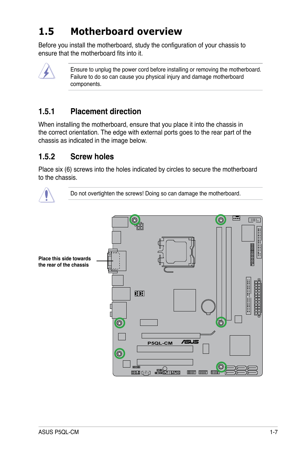 5 motherboard overview, 1 placement direction, 2 screw holes | Asus P5QL-CM User Manual | Page 19 / 114