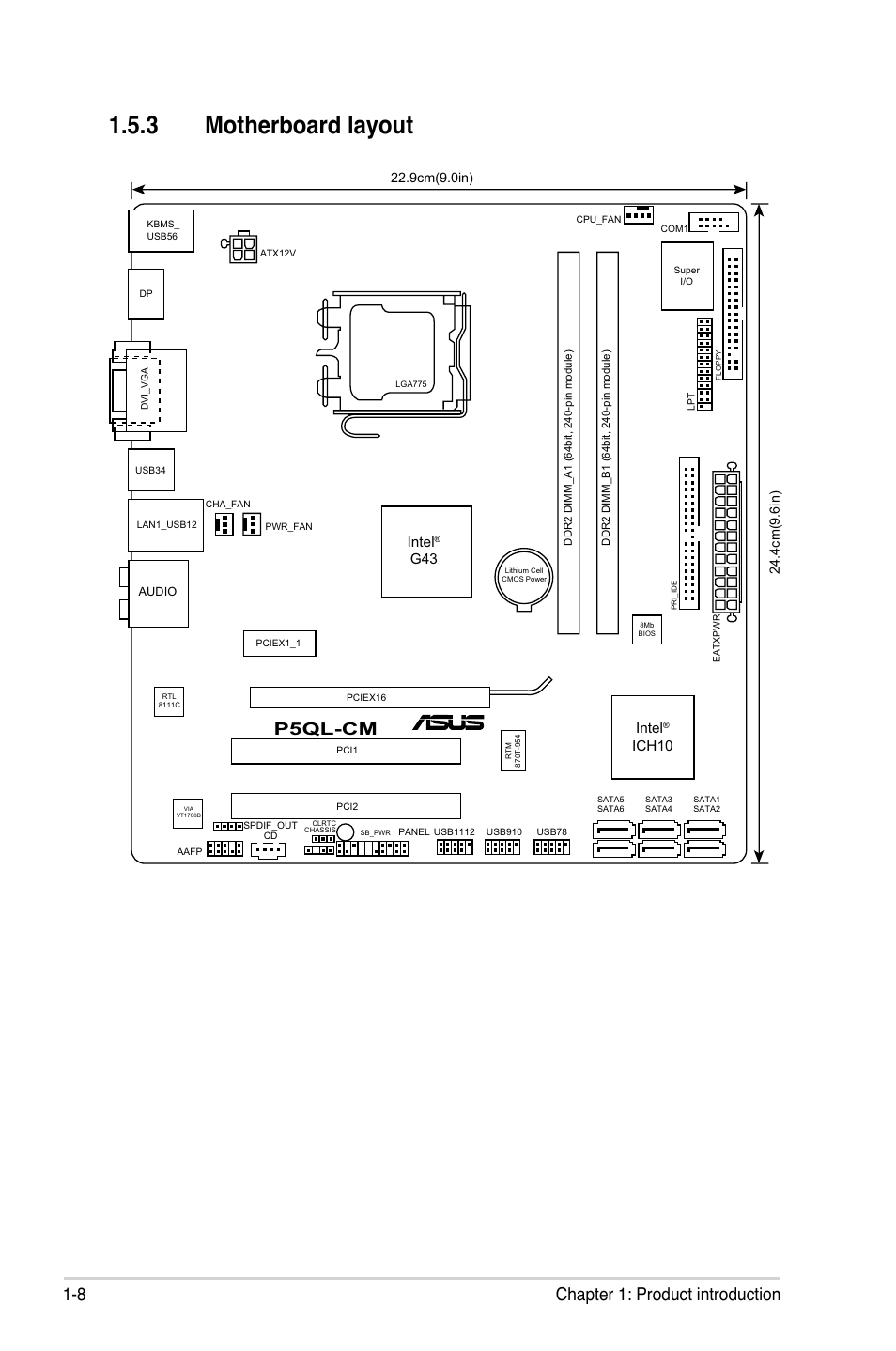 3 motherboard layout, 8 chapter 1: product introduction, P5ql-cm | Intel, Ich10 | Asus P5QL-CM User Manual | Page 20 / 114