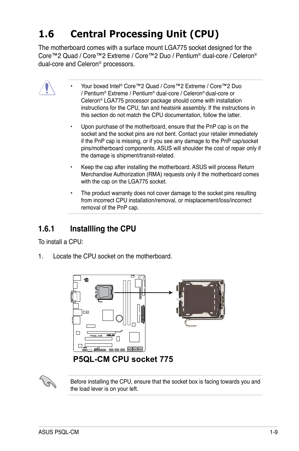 6 central processing unit (cpu), 1 installling the cpu, P5ql-cm cpu socket 775 | Asus P5QL-CM User Manual | Page 21 / 114