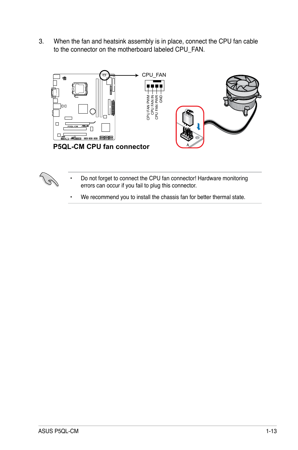 P5ql-cm cpu fan connector | Asus P5QL-CM User Manual | Page 25 / 114