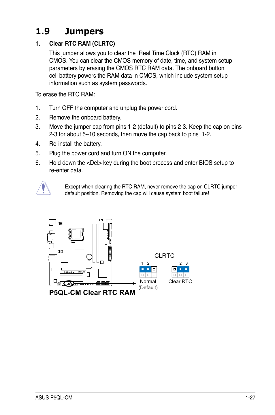 9 jumpers, P5ql-cm clear rtc ram | Asus P5QL-CM User Manual | Page 39 / 114