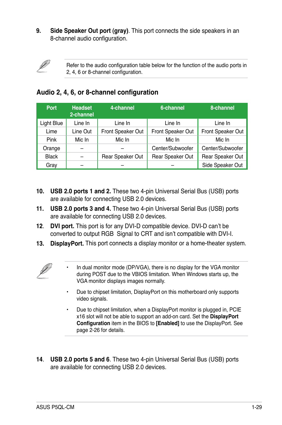 Audio 2, 4, 6, or 8-channel configuration | Asus P5QL-CM User Manual | Page 41 / 114