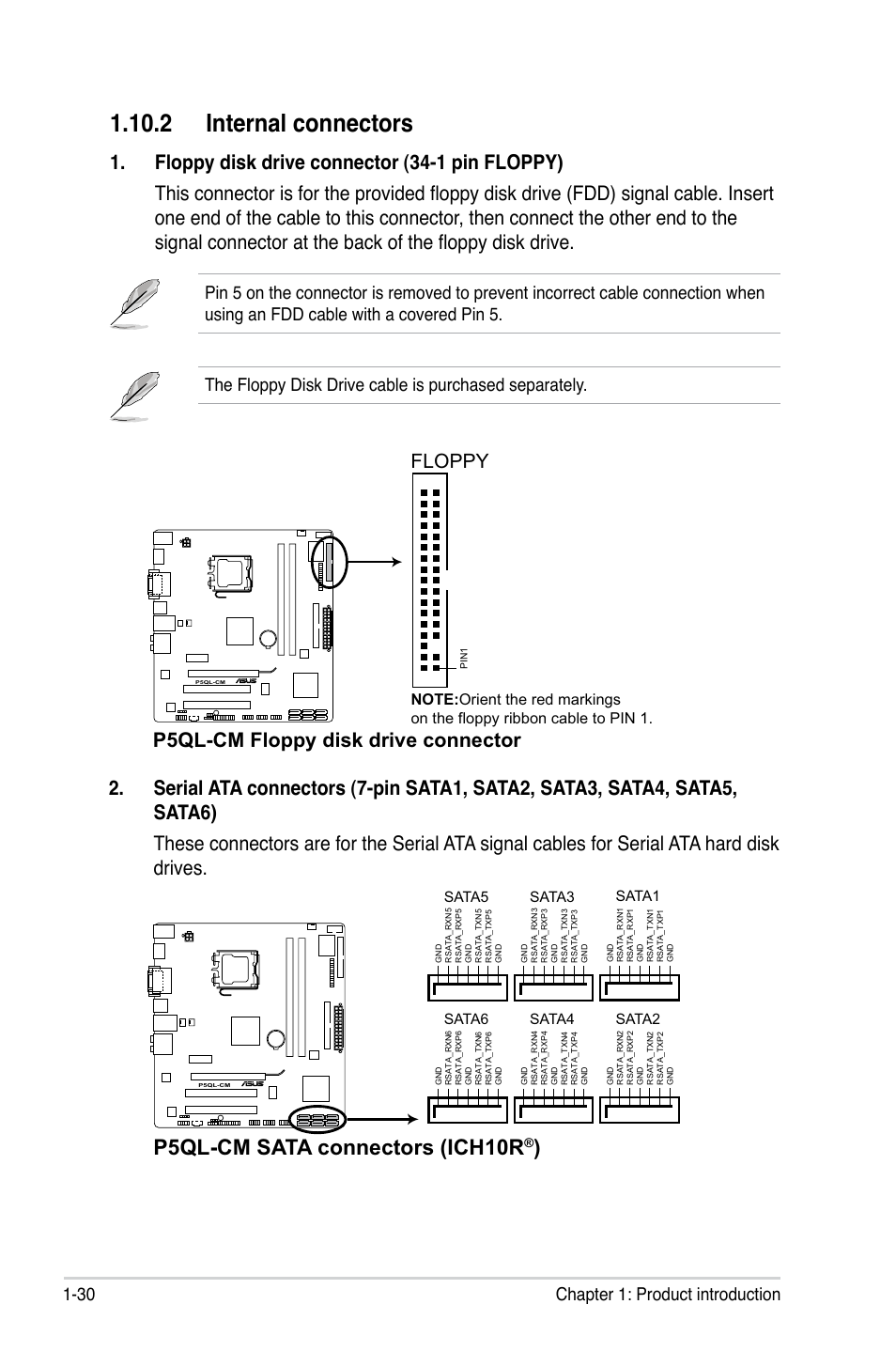 2 internal connectors, P5ql-cm sata connectors (ich10r, P5ql-cm floppy disk drive connector floppy | 30 chapter 1: product introduction, Sata2, Sata4, Sata6, Sata1, Sata3, Sata5 | Asus P5QL-CM User Manual | Page 42 / 114