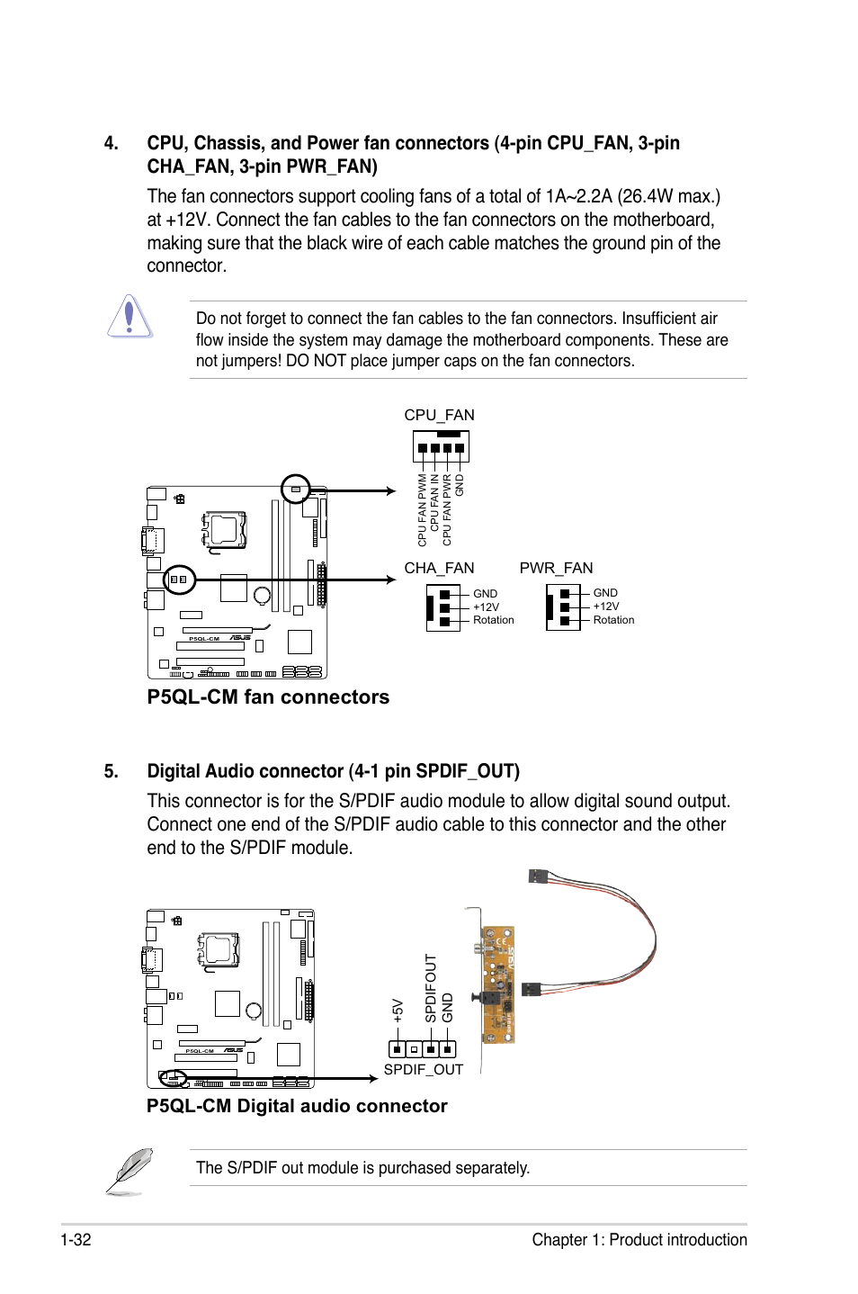 P5ql-cm fan connectors, P5ql-cm digital audio connector | Asus P5QL-CM User Manual | Page 44 / 114