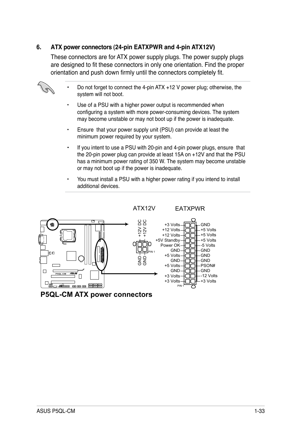 P5ql-cm atx power connectors, Eatxpwr, Atx12v | Asus P5QL-CM User Manual | Page 45 / 114