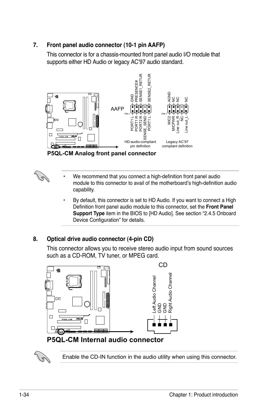 P5ql-cm internal audio connector, P5ql-cm analog front panel connector, 34 chapter 1: product introduction | Asus P5QL-CM User Manual | Page 46 / 114