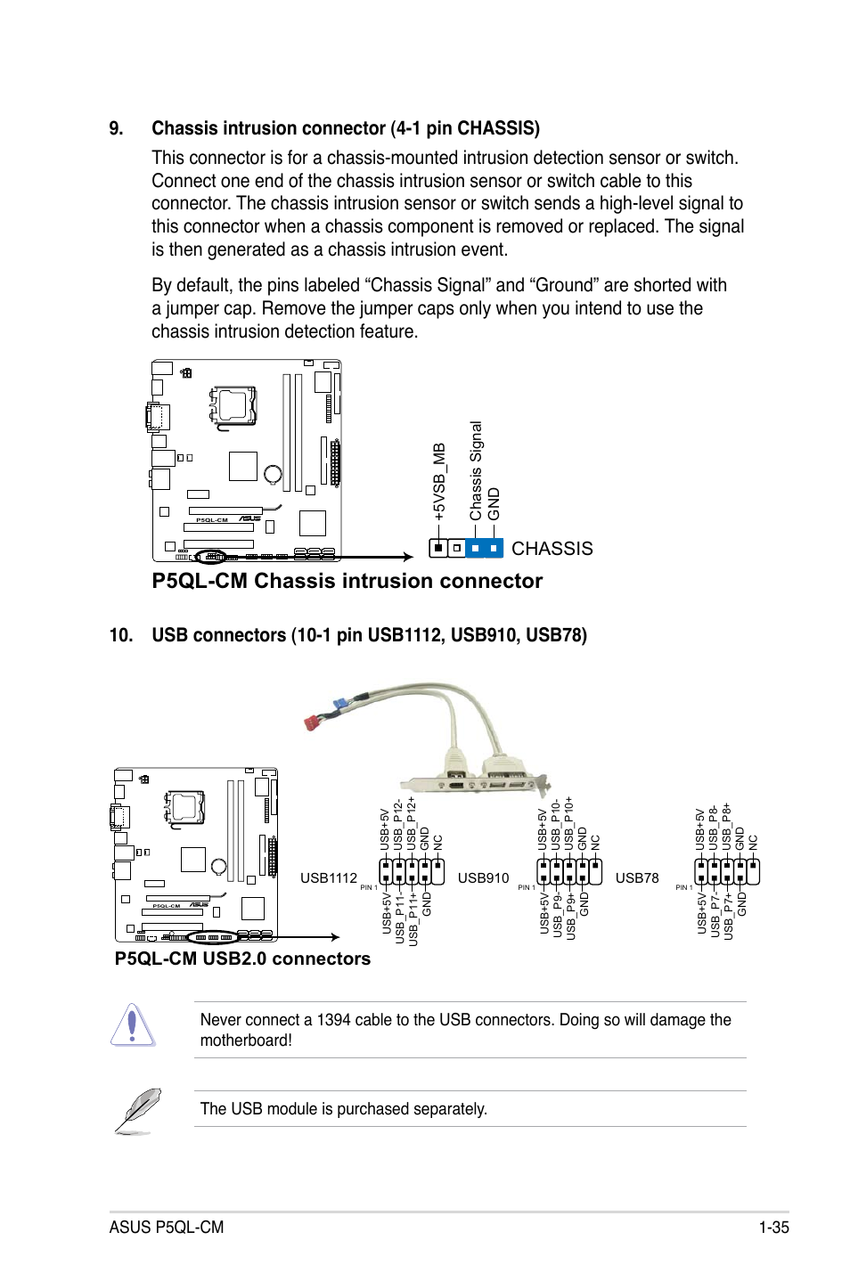 P5ql-cm chassis intrusion connector, Chassis, P5ql-cm usb2.0 connectors | Asus p5ql-cm 1-35 | Asus P5QL-CM User Manual | Page 47 / 114