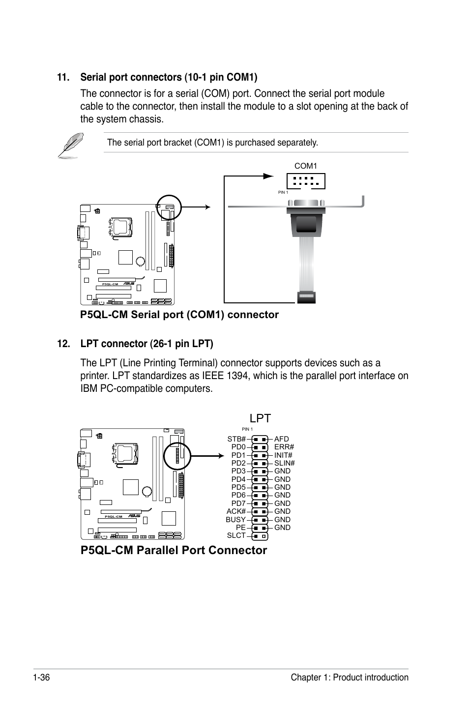 P5ql-cm parallel port connector, 36 chapter 1: product introduction | Asus P5QL-CM User Manual | Page 48 / 114