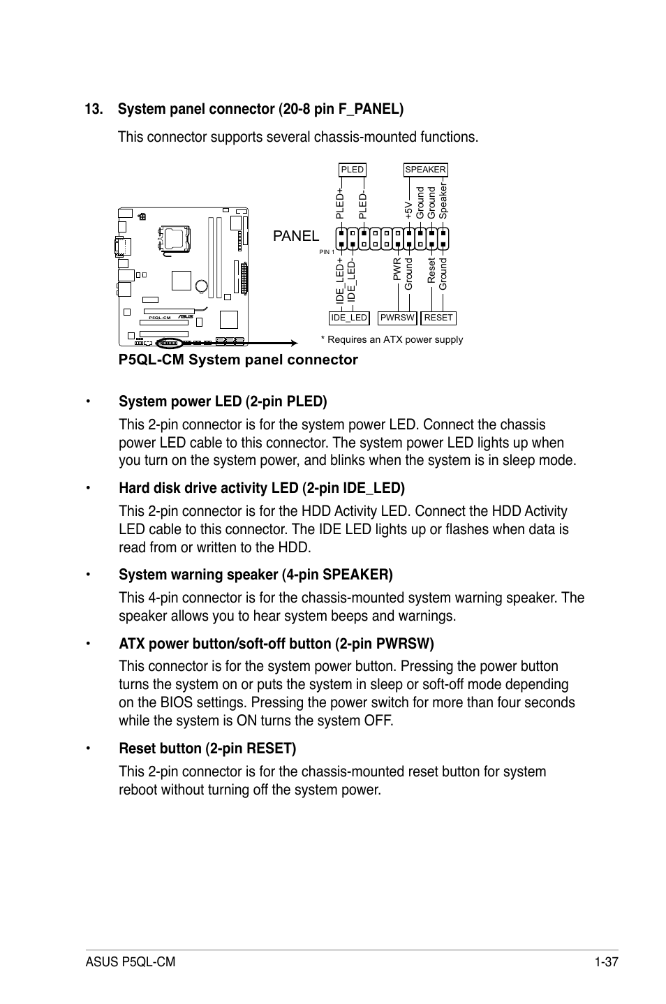 P5ql-cm system panel connector | Asus P5QL-CM User Manual | Page 49 / 114