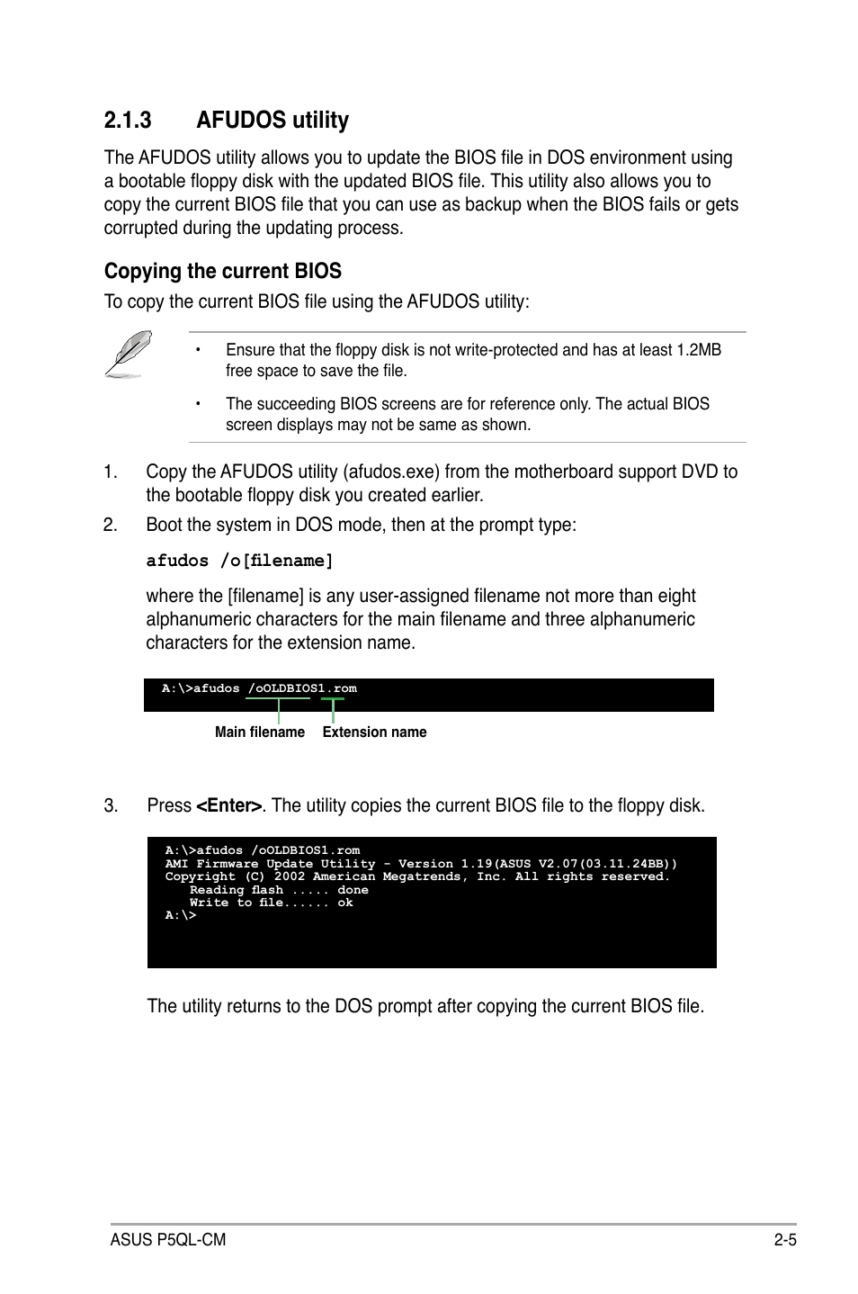 3 afudos utility, Copying the current bios | Asus P5QL-CM User Manual | Page 55 / 114