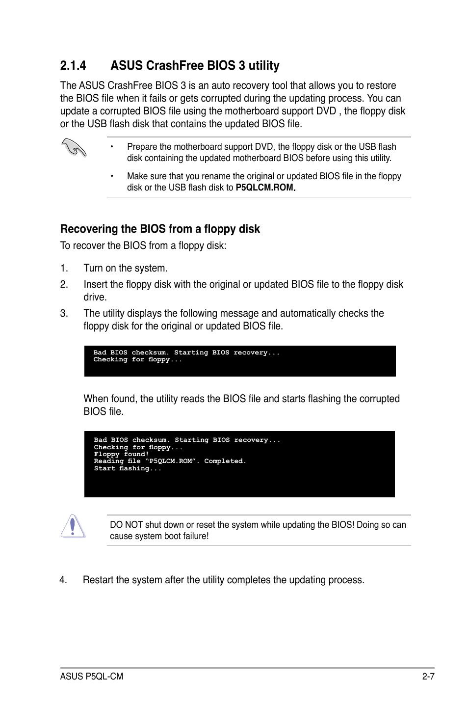 4 asus crashfree bios 3 utility, Recovering the bios from a floppy disk | Asus P5QL-CM User Manual | Page 57 / 114