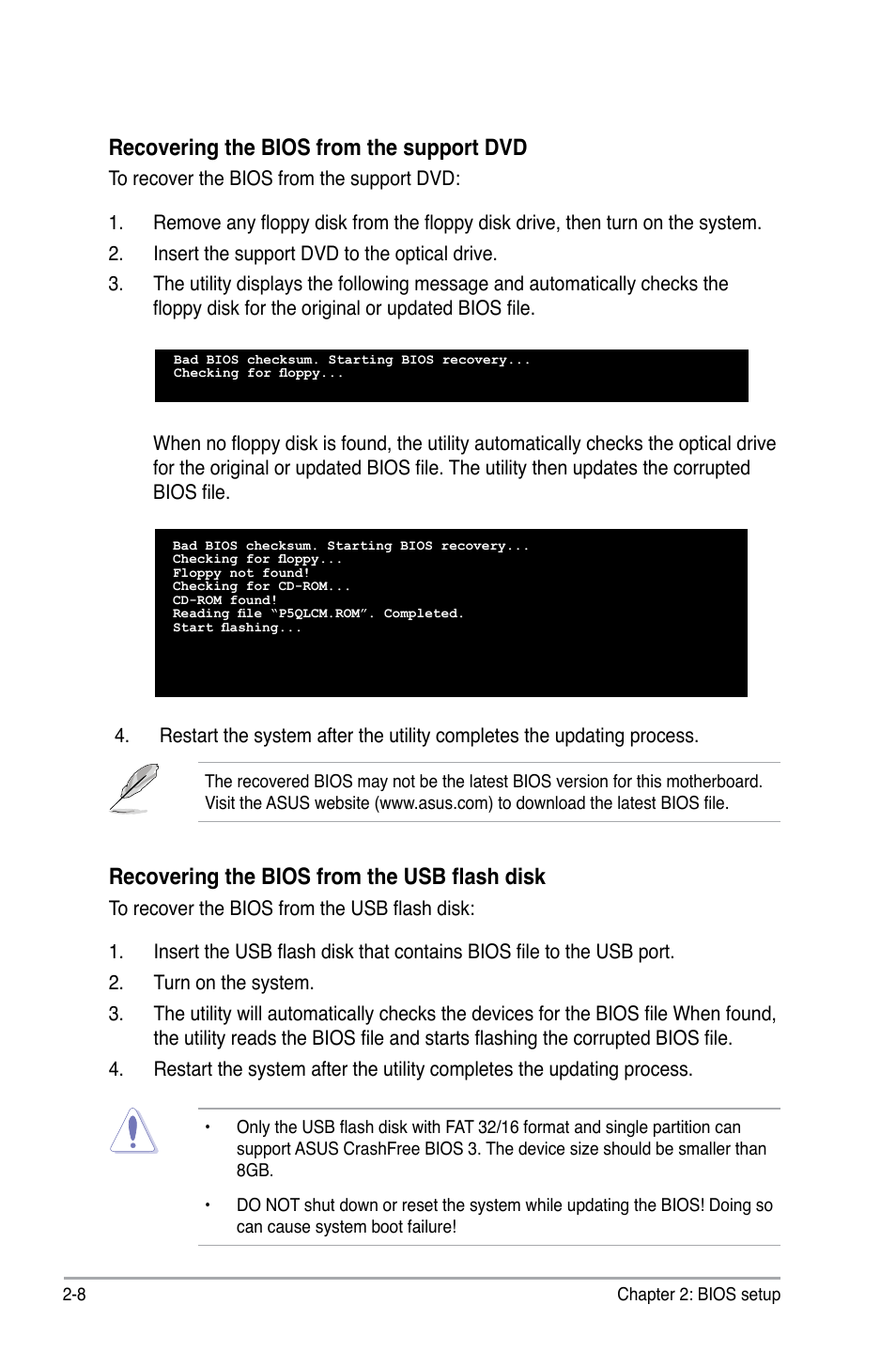 Recovering the bios from the support dvd, Recovering the bios from the usb flash disk | Asus P5QL-CM User Manual | Page 58 / 114