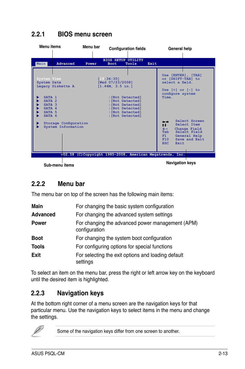 2 menu bar, 1 bios menu screen, 3 navigation keys | Asus P5QL-CM User Manual | Page 63 / 114