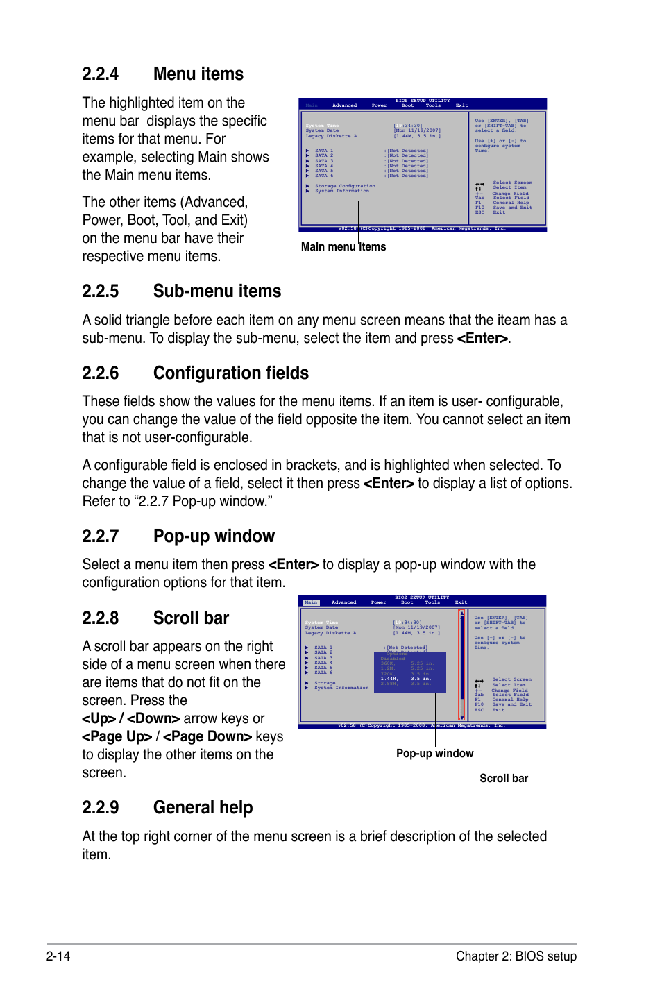 4 menu items, 5 sub-menu items, 6 configuration fields | 7 pop-up window, 8 scroll bar, 9 general help, 14 chapter 2: bios setup, Main menu items, Scroll bar pop-up window | Asus P5QL-CM User Manual | Page 64 / 114