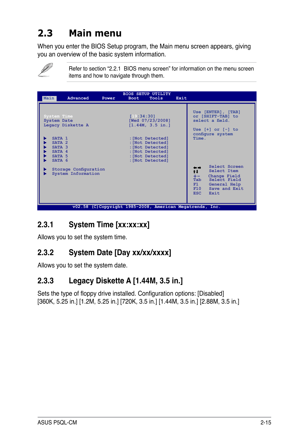 3 main menu, 1 system time [xx:xx:xx, Allows you to set the system time | Allows you to set the system date | Asus P5QL-CM User Manual | Page 65 / 114