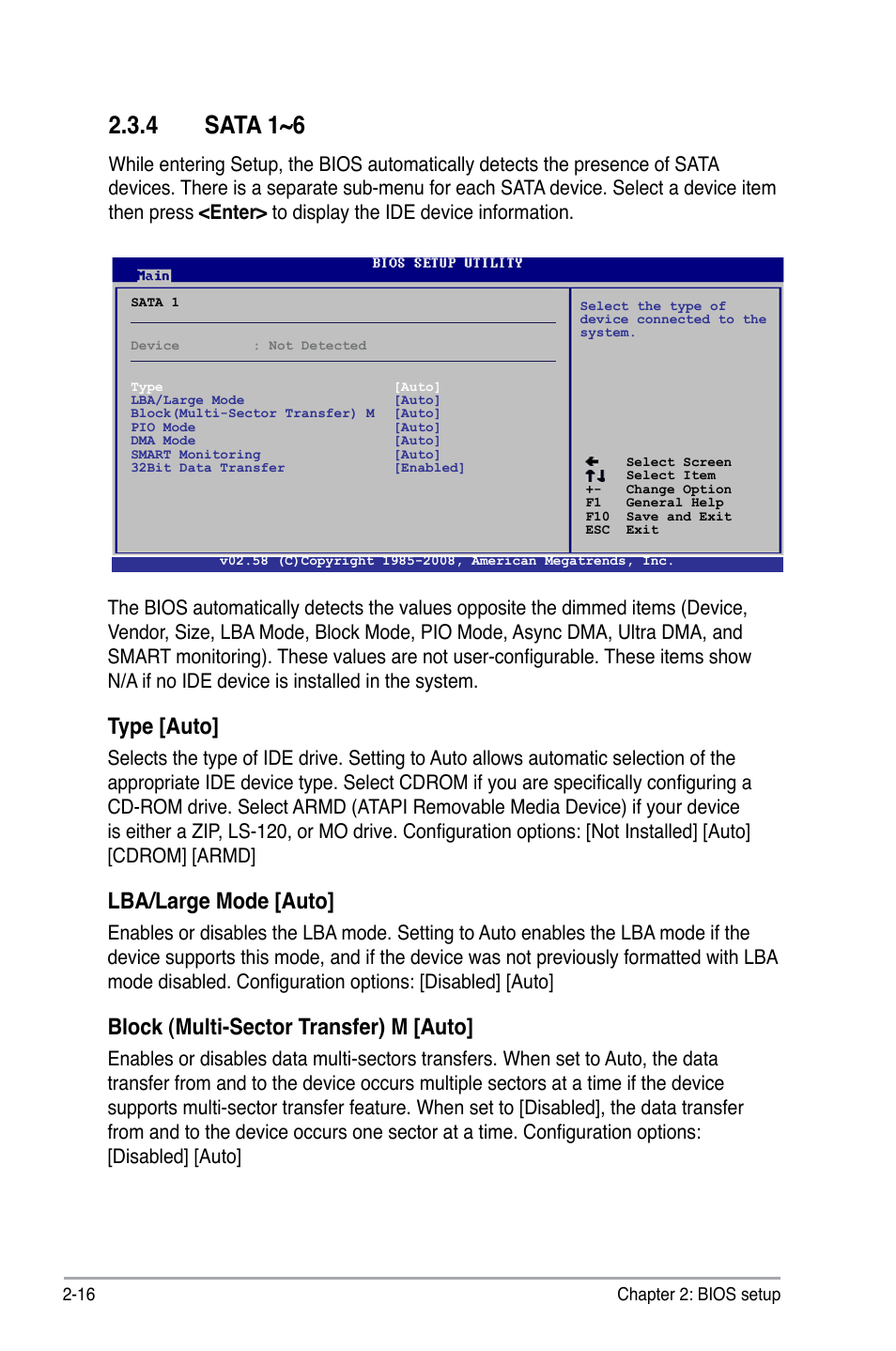 4 sata 1~6, Type [auto, Lba/large mode [auto | Block (multi-sector transfer) m [auto | Asus P5QL-CM User Manual | Page 66 / 114