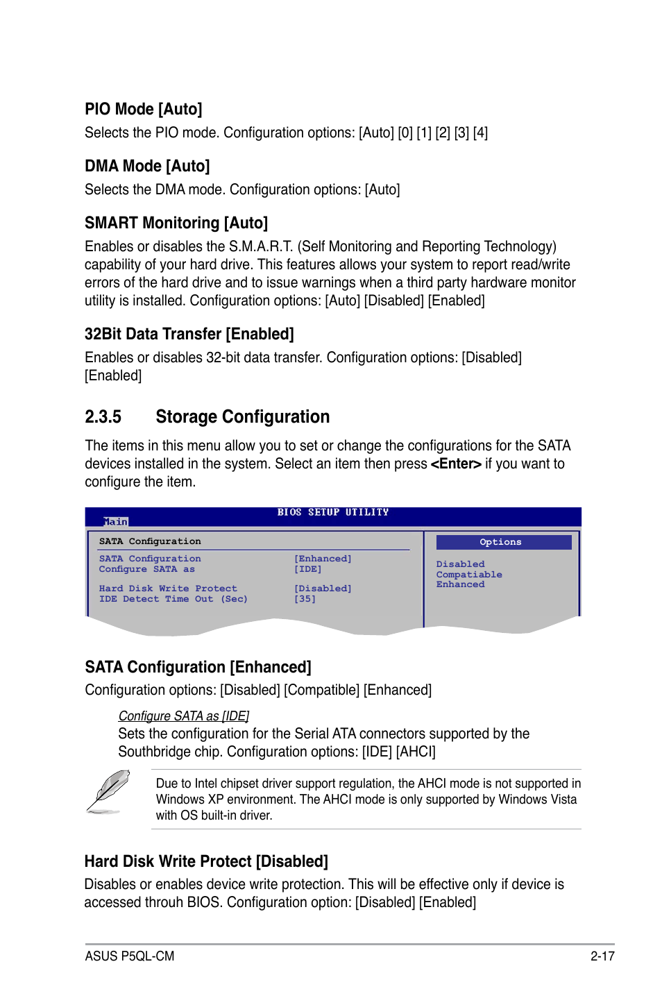 5 storage configuration, Pio mode [auto, Dma mode [auto | Smart monitoring [auto, 32bit data transfer [enabled, Sata configuration [enhanced, Hard disk write protect [disabled | Asus P5QL-CM User Manual | Page 67 / 114