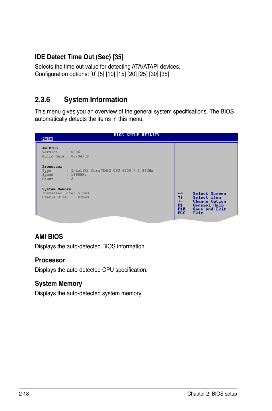 6 system information, Ami bios, Processor | Ide detect time out (sec) [35 | Asus P5QL-CM User Manual | Page 68 / 114