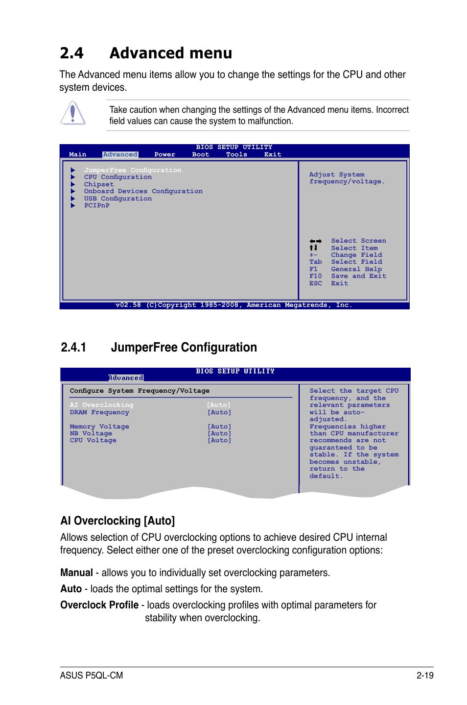 4 advanced menu, 1 jumperfree configuration, Ai overclocking [auto | Asus P5QL-CM User Manual | Page 69 / 114