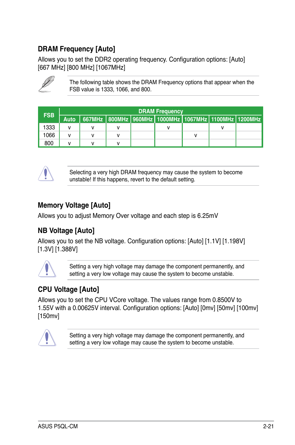 Nb voltage [auto, Dram frequency [auto, Cpu voltage [auto | Asus P5QL-CM User Manual | Page 71 / 114