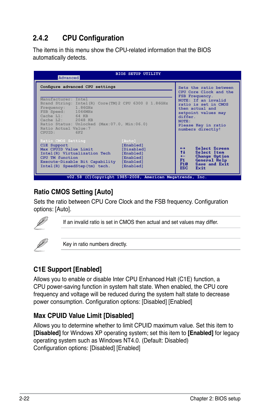 2 cpu configuration, Ratio cmos setting [auto, C1e support [enabled | Max cpuid value limit [disabled | Asus P5QL-CM User Manual | Page 72 / 114