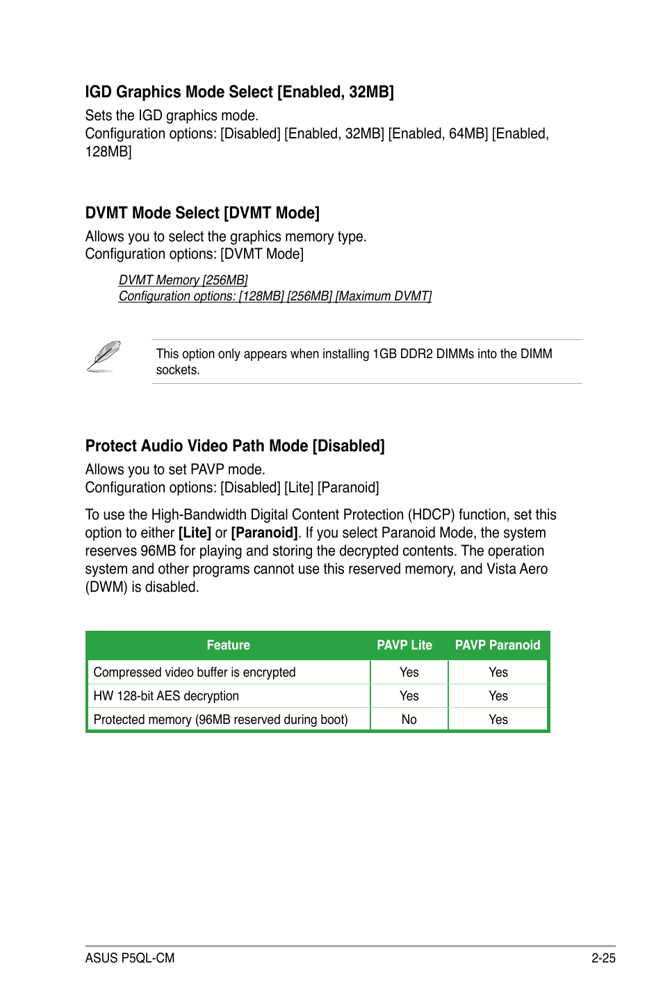 Dvmt mode select [dvmt mode, Protect audio video path mode [disabled, Igd graphics mode select [enabled, 32mb | Asus P5QL-CM User Manual | Page 75 / 114