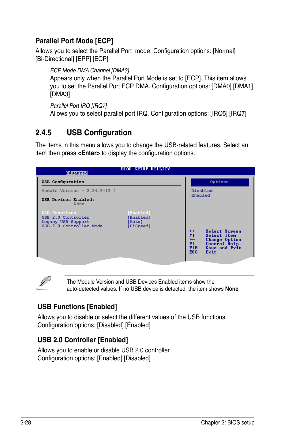 5 usb configuration, Usb functions [enabled, Usb 2.0 controller [enabled | Parallel port mode [ecp | Asus P5QL-CM User Manual | Page 78 / 114