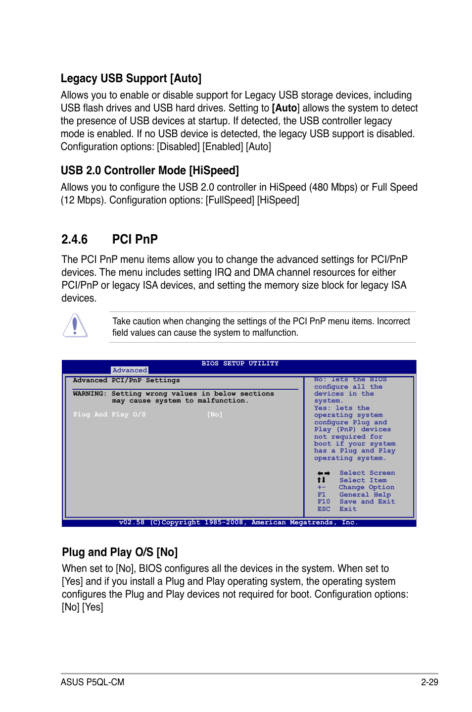 6 pci pnp, Plug and play o/s [no, Legacy usb support [auto | Usb 2.0 controller mode [hispeed | Asus P5QL-CM User Manual | Page 79 / 114