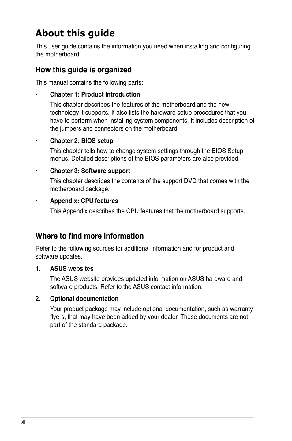 About this guide, How this guide is organized, Where to find more information | Asus P5QL-CM User Manual | Page 8 / 114