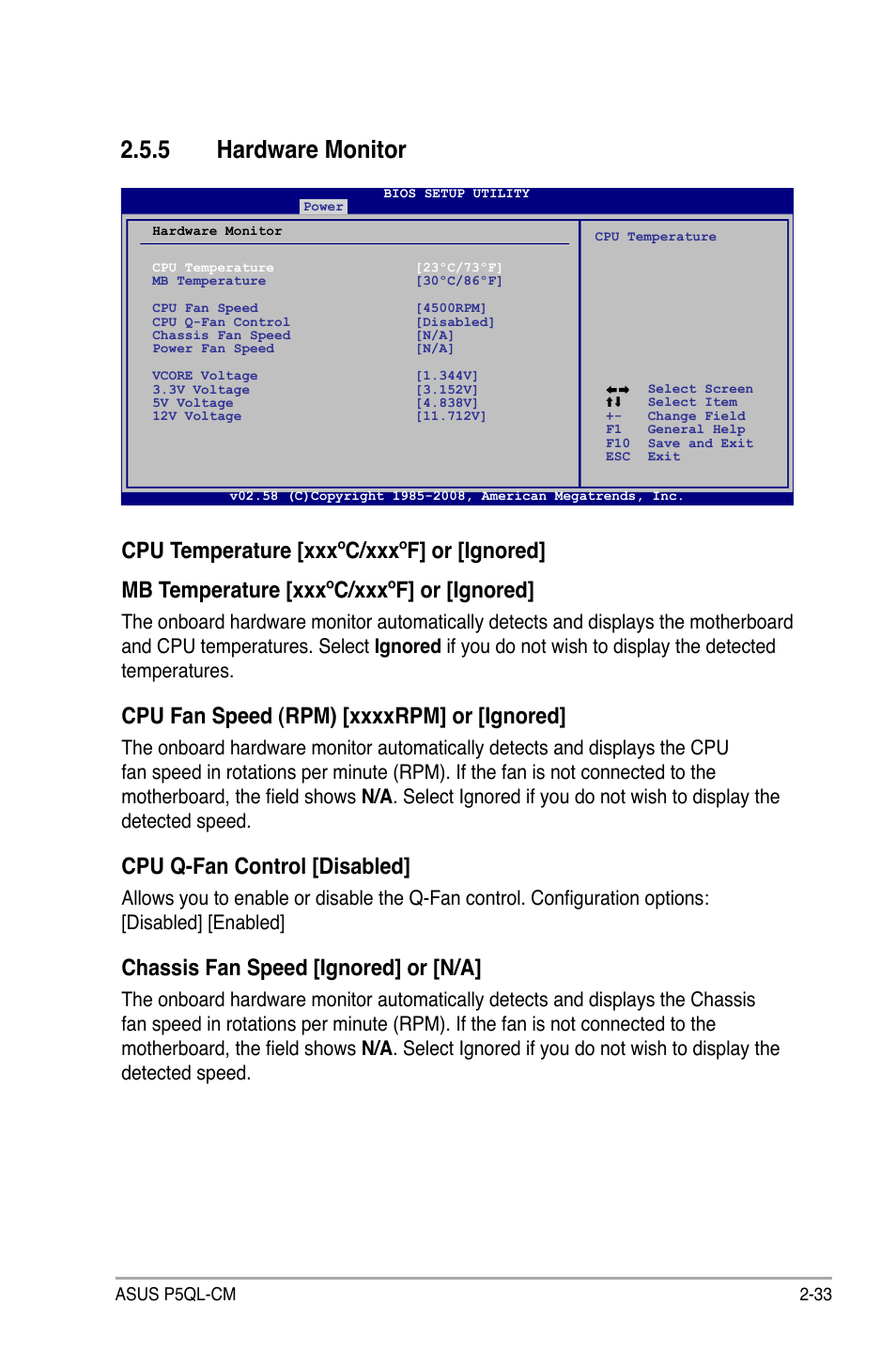 5 hardware monitor, Cpu q-fan control [disabled, Chassis fan speed [ignored] or [n/a | Asus P5QL-CM User Manual | Page 83 / 114