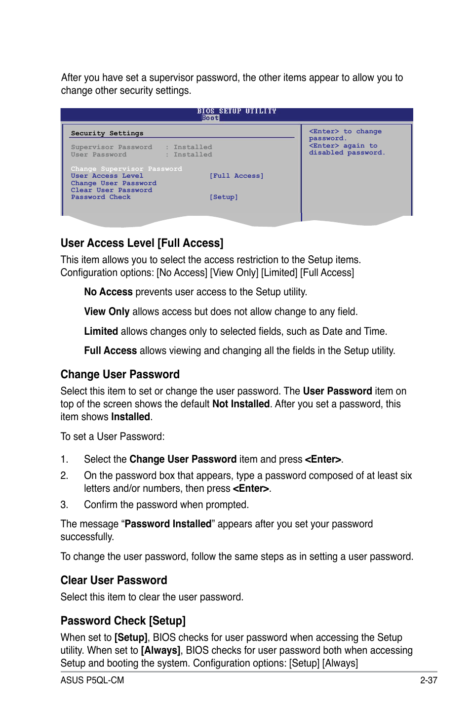 User access level [full access, Change user password, Clear user password | Password check [setup | Asus P5QL-CM User Manual | Page 87 / 114