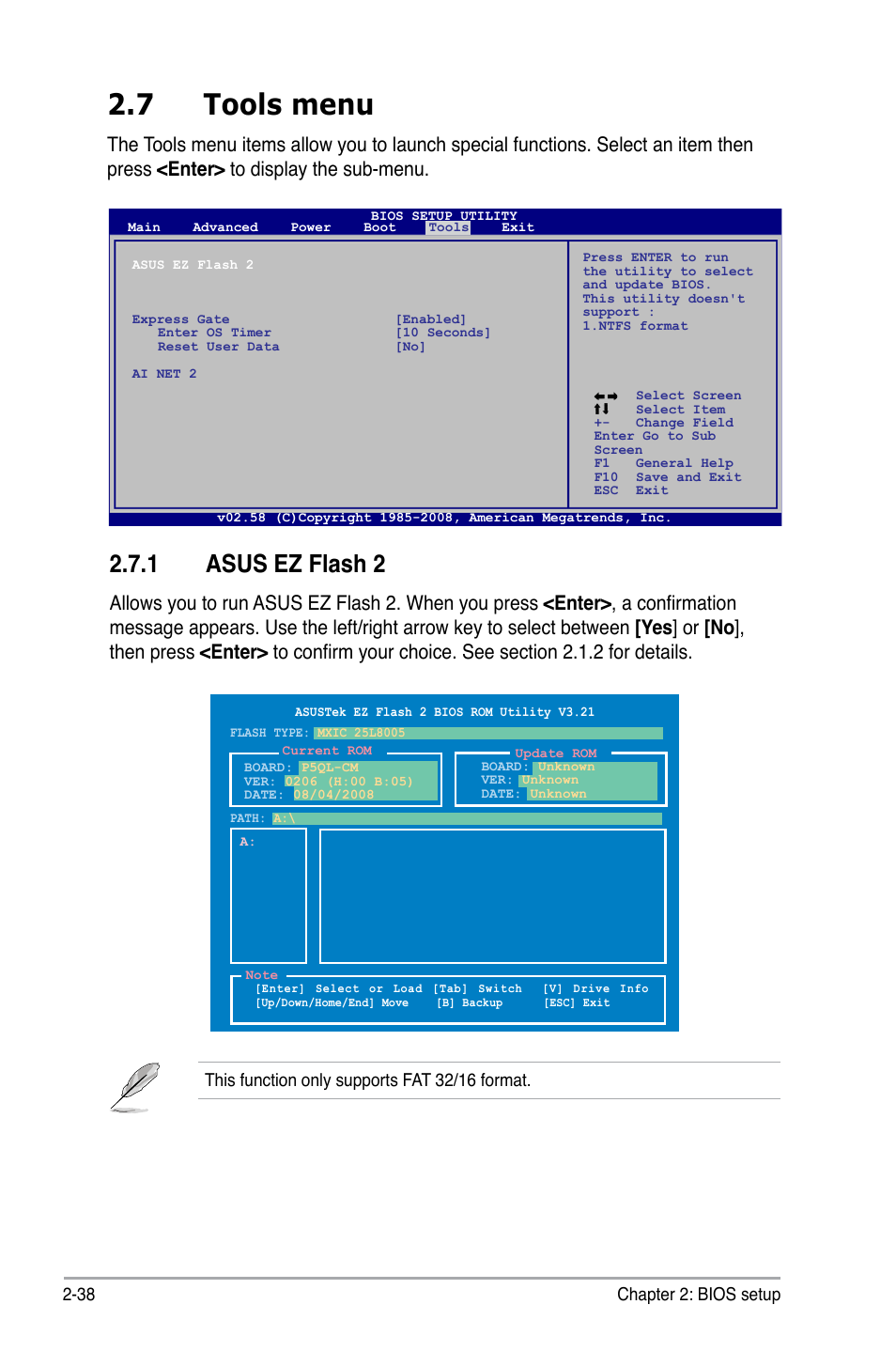 7 tools menu, 1 asus ez flash 2, 38 chapter 2: bios setup | This function only supports fat 32/16 format | Asus P5QL-CM User Manual | Page 88 / 114