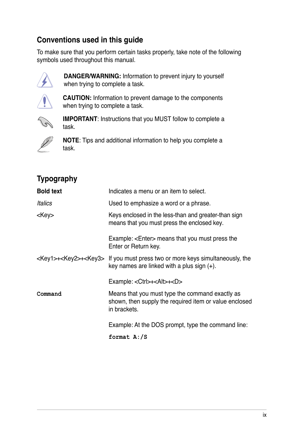 Conventions used in this guide, Typography | Asus P5QL-CM User Manual | Page 9 / 114