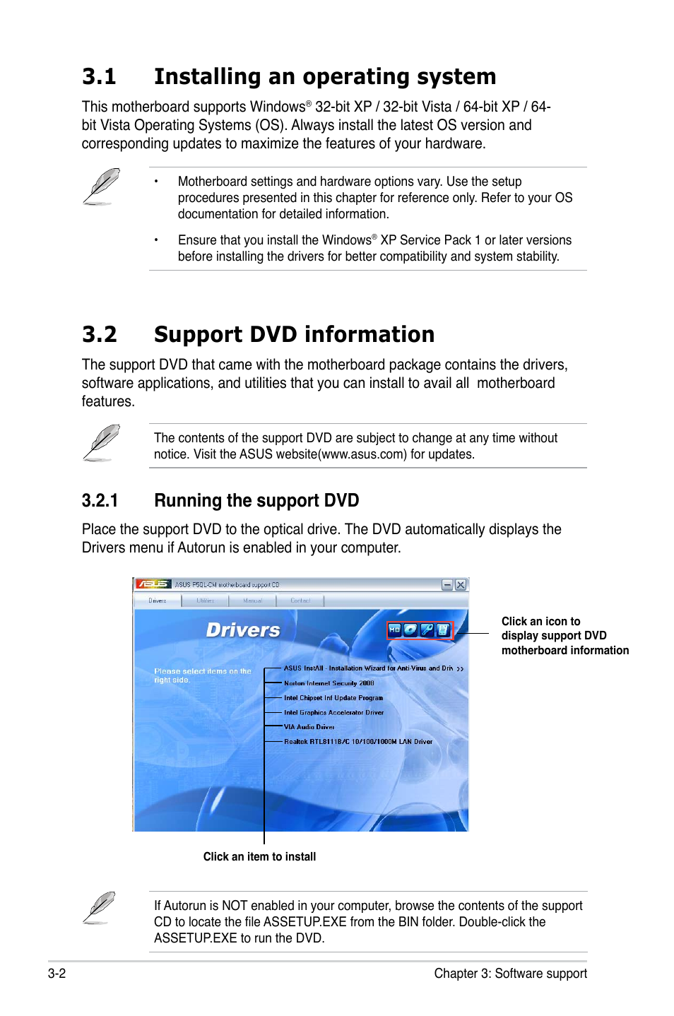 1 installing an operating system, 2 support dvd information, 1 running the support dvd | Asus P5QL-CM User Manual | Page 94 / 114