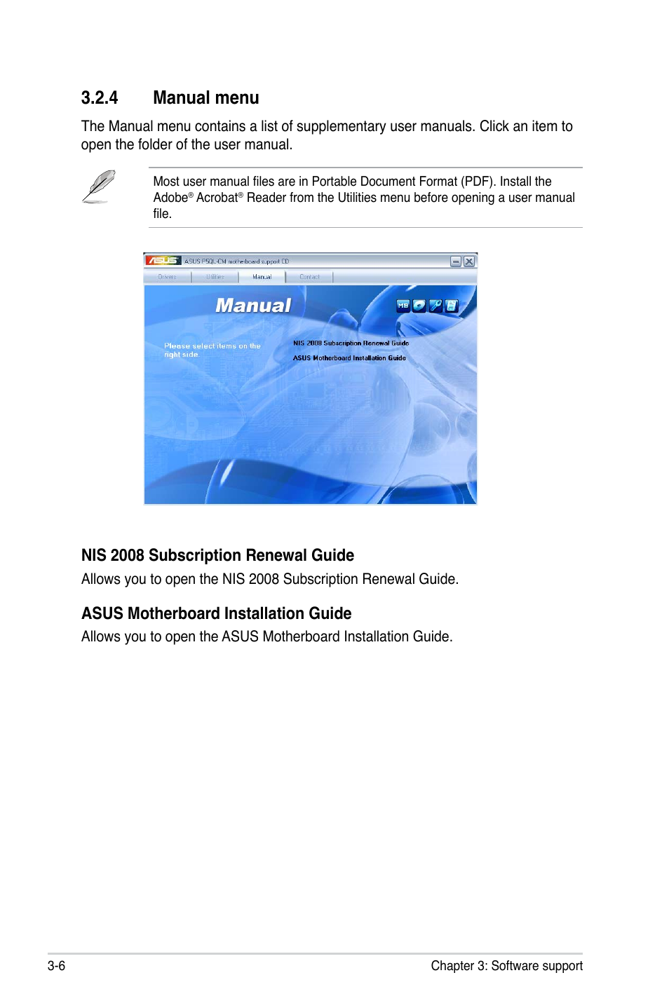 4 manual menu, Nis 2008 subscription renewal guide, Asus motherboard installation guide | Asus P5QL-CM User Manual | Page 98 / 114