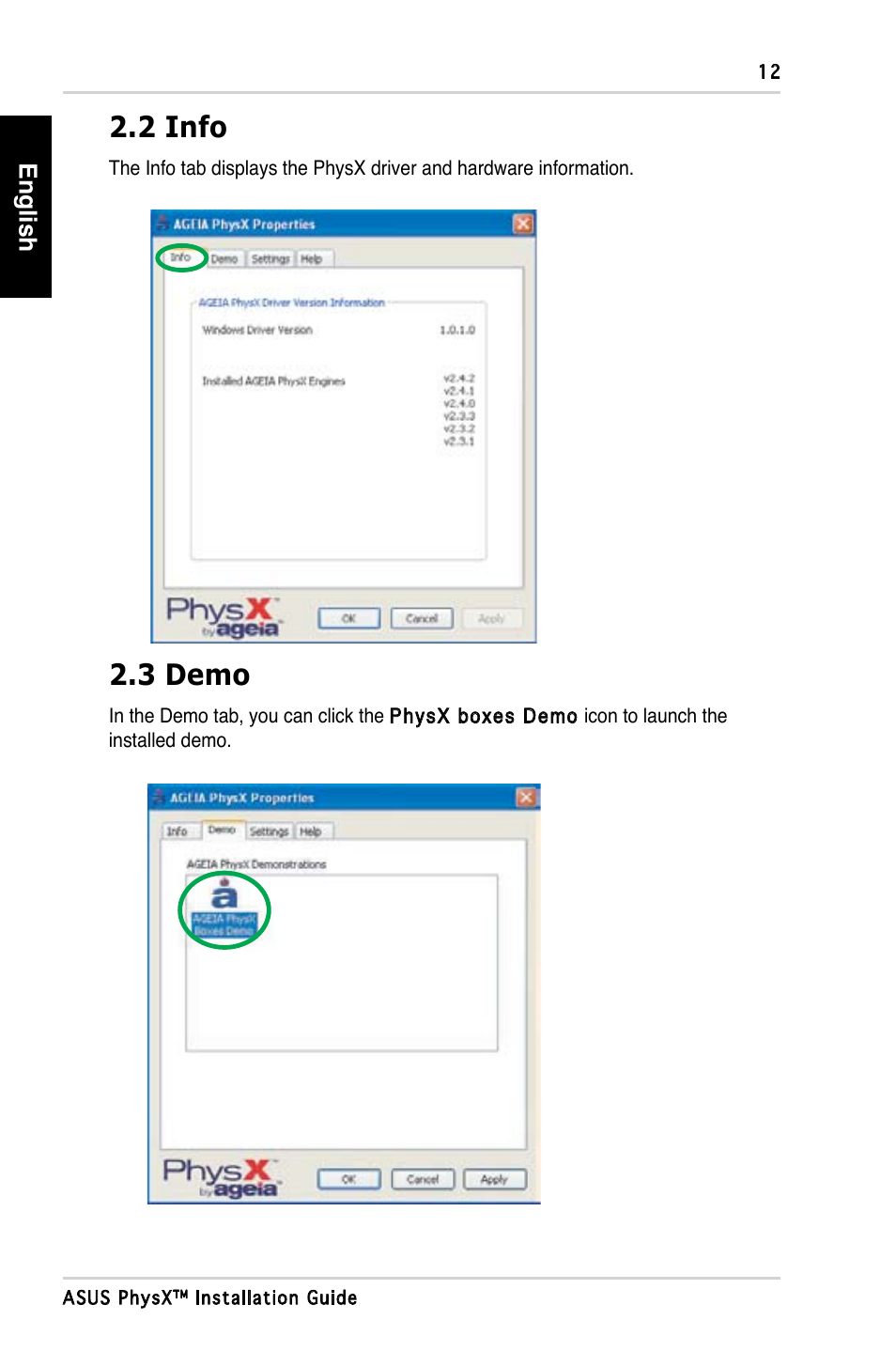 2 info, 3 demo, English | Asus PhysX P1 User Manual | Page 14 / 120