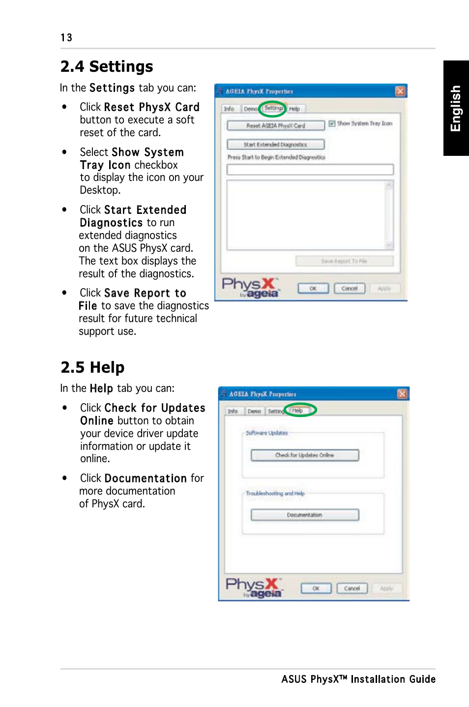 4 settings, 5 help, English | Asus PhysX P1 User Manual | Page 15 / 120