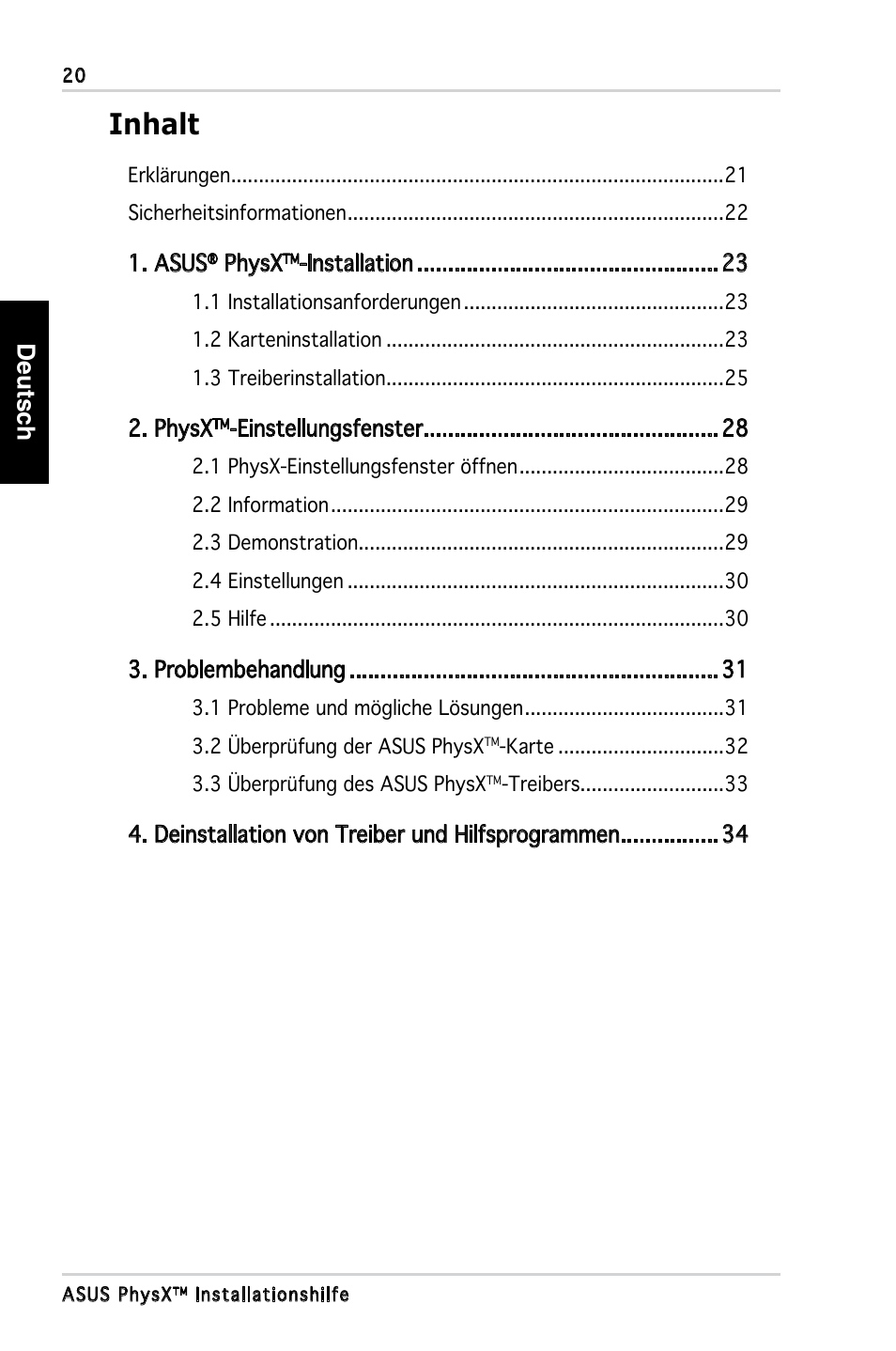 Inhalt, Deutsch, Asus | Physx, Installation, Einstellungsfenster, Problembehandlung, Deinstallation von treiber und hilfsprogrammen | Asus PhysX P1 User Manual | Page 22 / 120