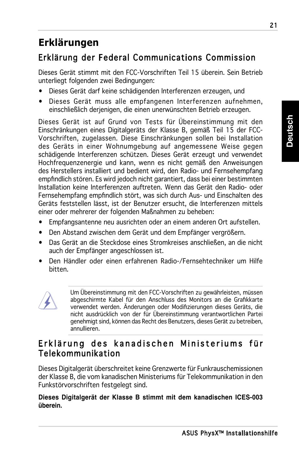 Erklärungen, Deutsch, Erklärung der federal communications commission | Asus PhysX P1 User Manual | Page 23 / 120
