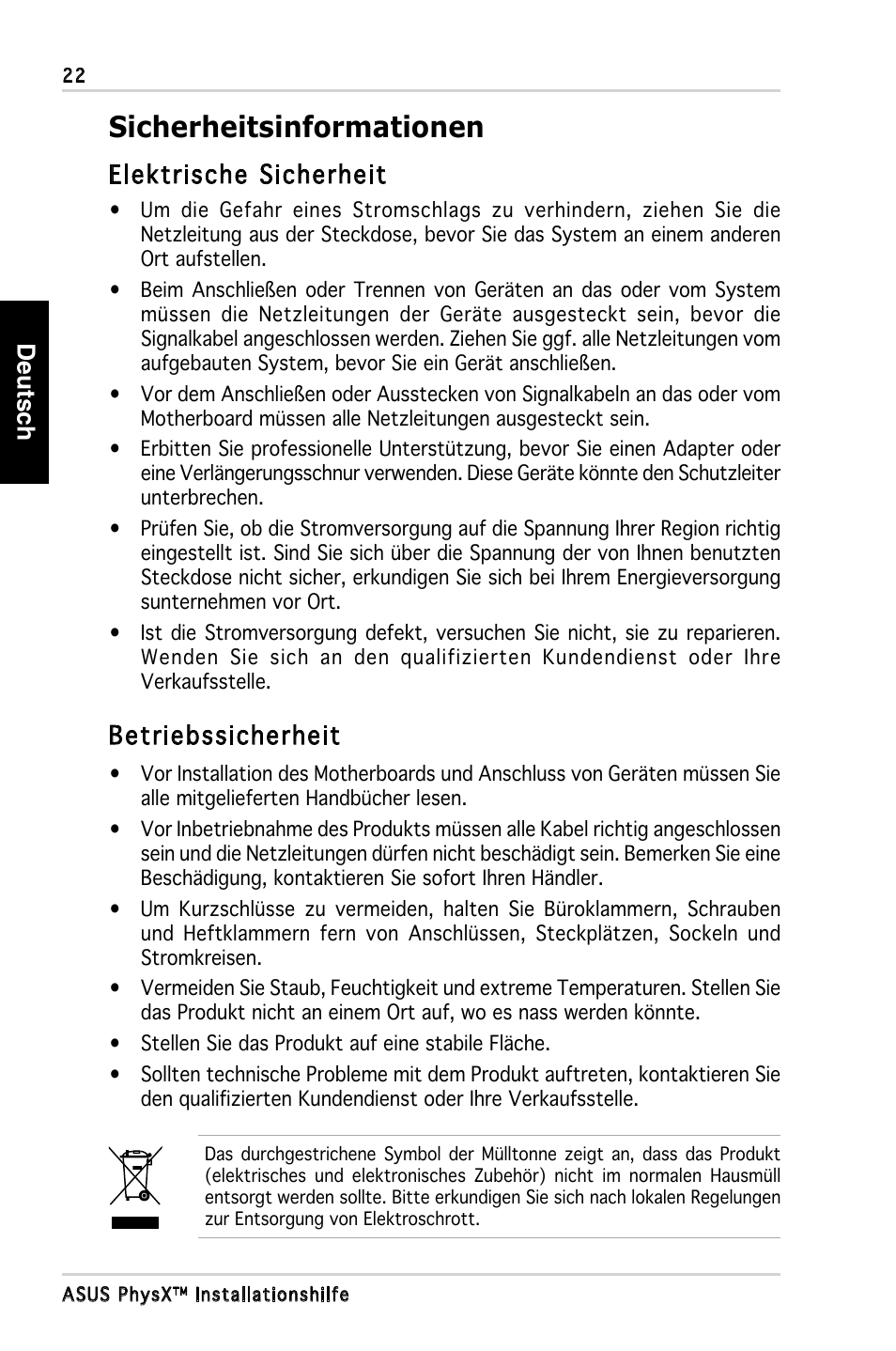 Sicherheitsinformationen, Deutsch, Elektrische sicherheit | Betriebssicherheit | Asus PhysX P1 User Manual | Page 24 / 120