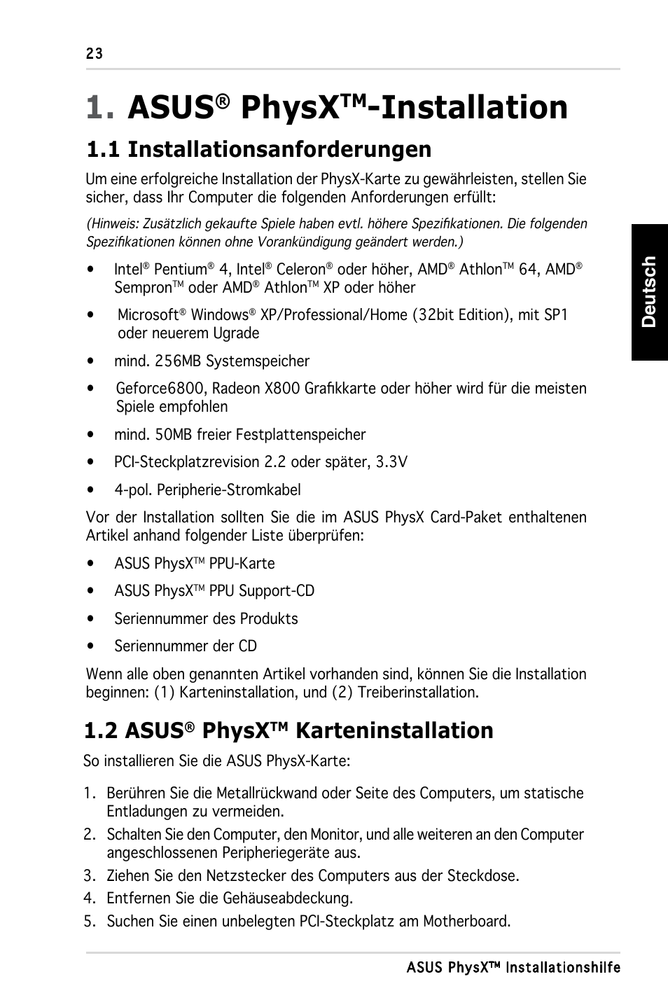 Asus, Physx, Installation | 1 installationsanforderungen, 2 asus, Karteninstallation, Deutsch | Asus PhysX P1 User Manual | Page 25 / 120