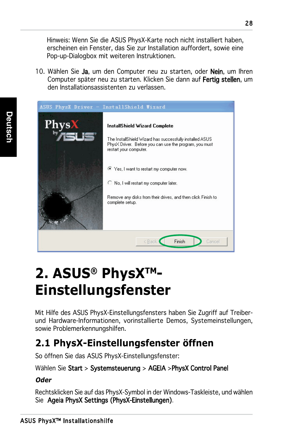 Asus, Physx, Einstellungsfenster | 1 physx-einstellungsfenster öffnen | Asus PhysX P1 User Manual | Page 30 / 120