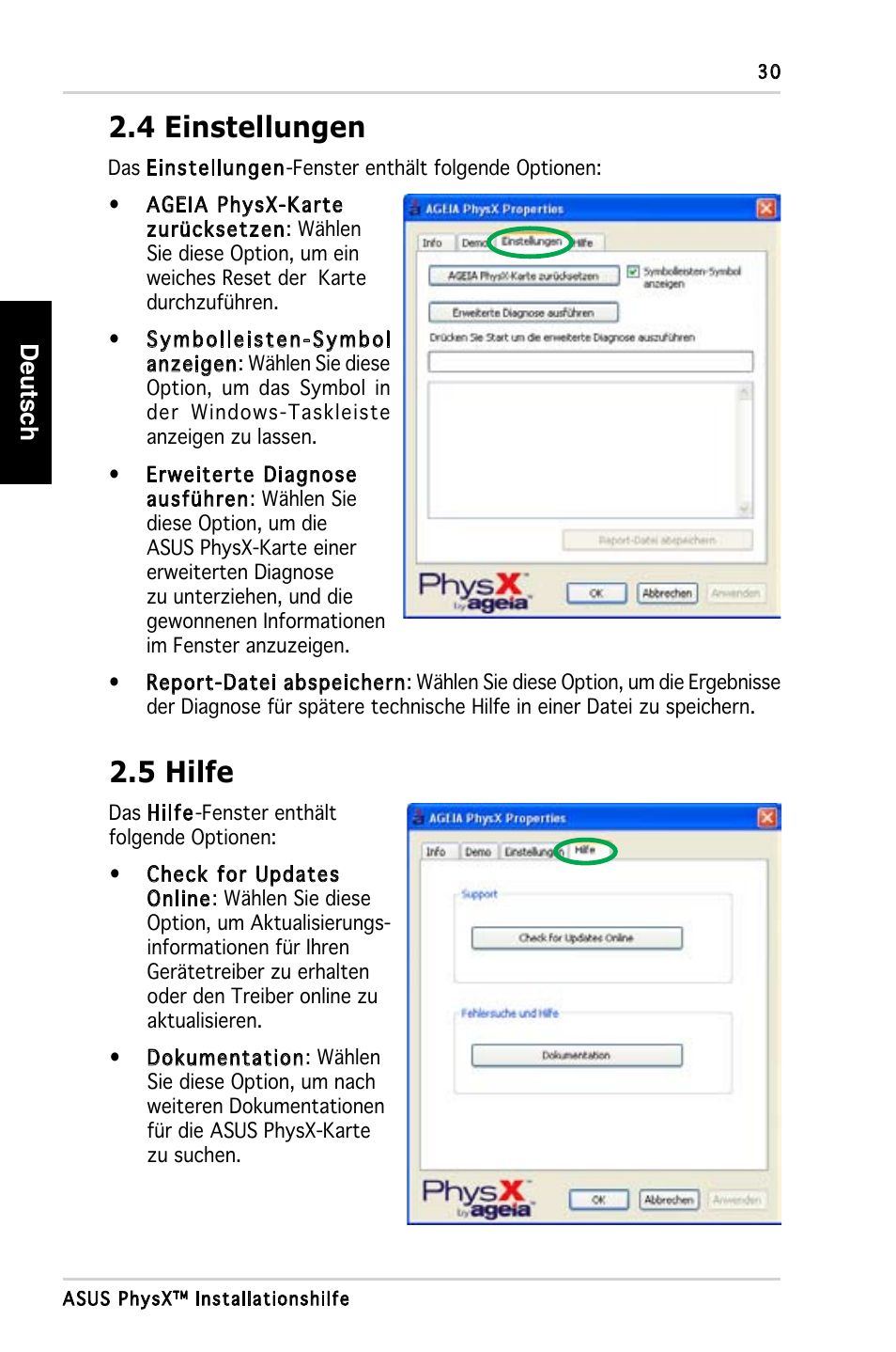 4 einstellungen, 5 hilfe, Deutsch | Asus PhysX P1 User Manual | Page 32 / 120