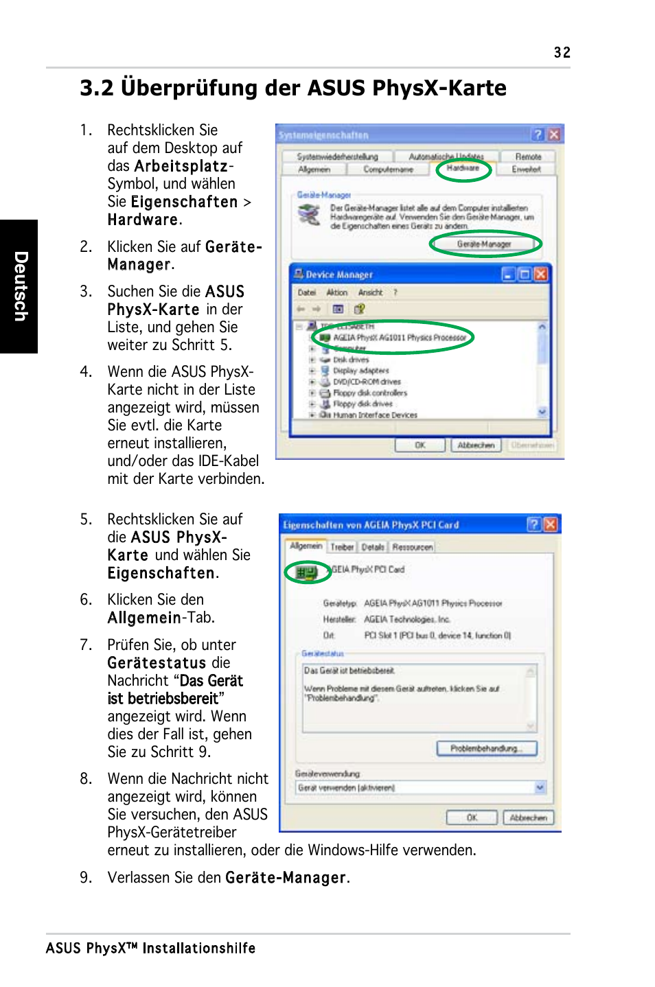 2 überprüfung der asus physx-karte, Deutsch | Asus PhysX P1 User Manual | Page 34 / 120