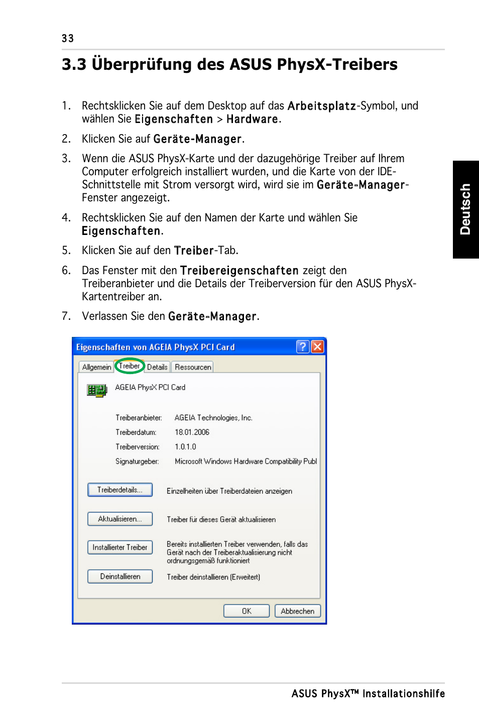 3 überprüfung des asus physx-treibers, Deutsch | Asus PhysX P1 User Manual | Page 35 / 120