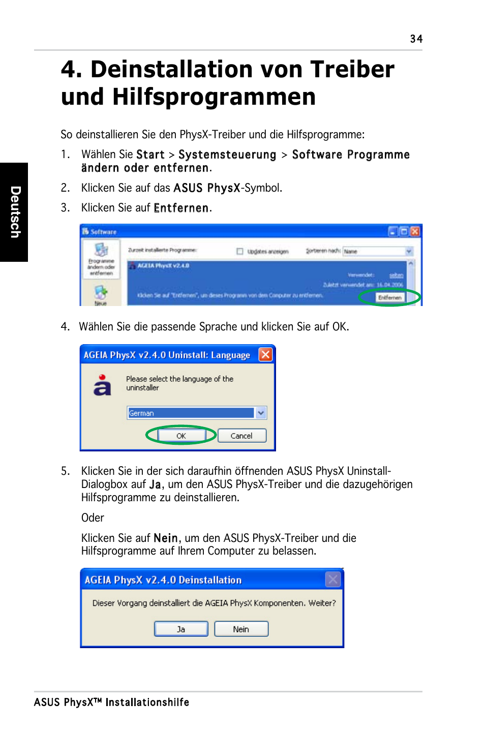 Deinstallation von treiber und hilfsprogrammen | Asus PhysX P1 User Manual | Page 36 / 120